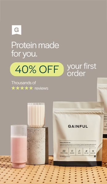 A clean, high-contrast ad featuring protein powder packaging and a prepared drink with a direct 40% discount offer.